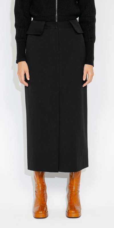Made in Australia  | Fold Over Waist Midi Skirt | 990 Black