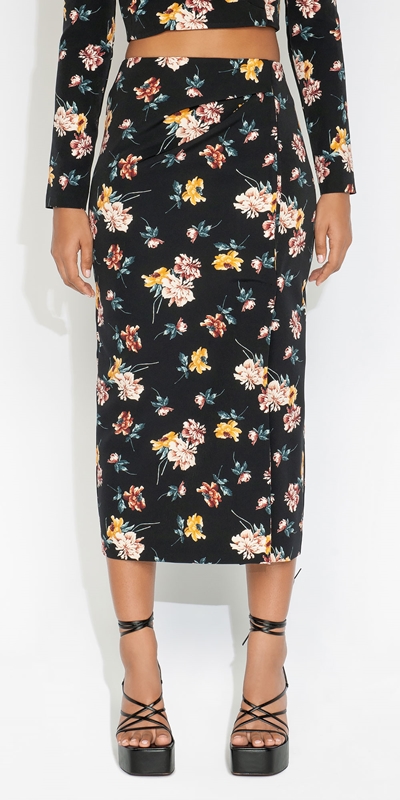 Skirts | Floral Wrap Front Skirt | 990 Black