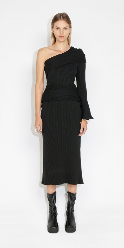 Made in Australia | Cotton Rib Cross Waist Skirt | 990 Black