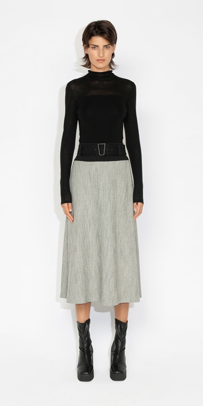 Wear to Work | Herringbone Tweed Midi Skirt | 101 Winter White