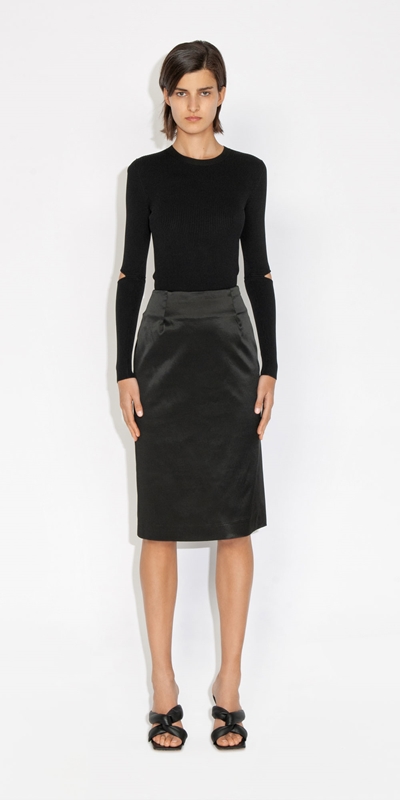 Sale | Satin Side Split Skirt | 990 Black