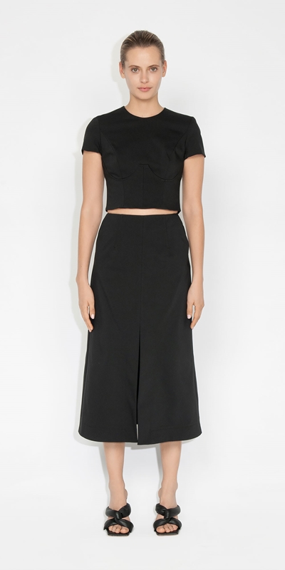 Sale | Topstitched Split Front Skirt | 990 Black