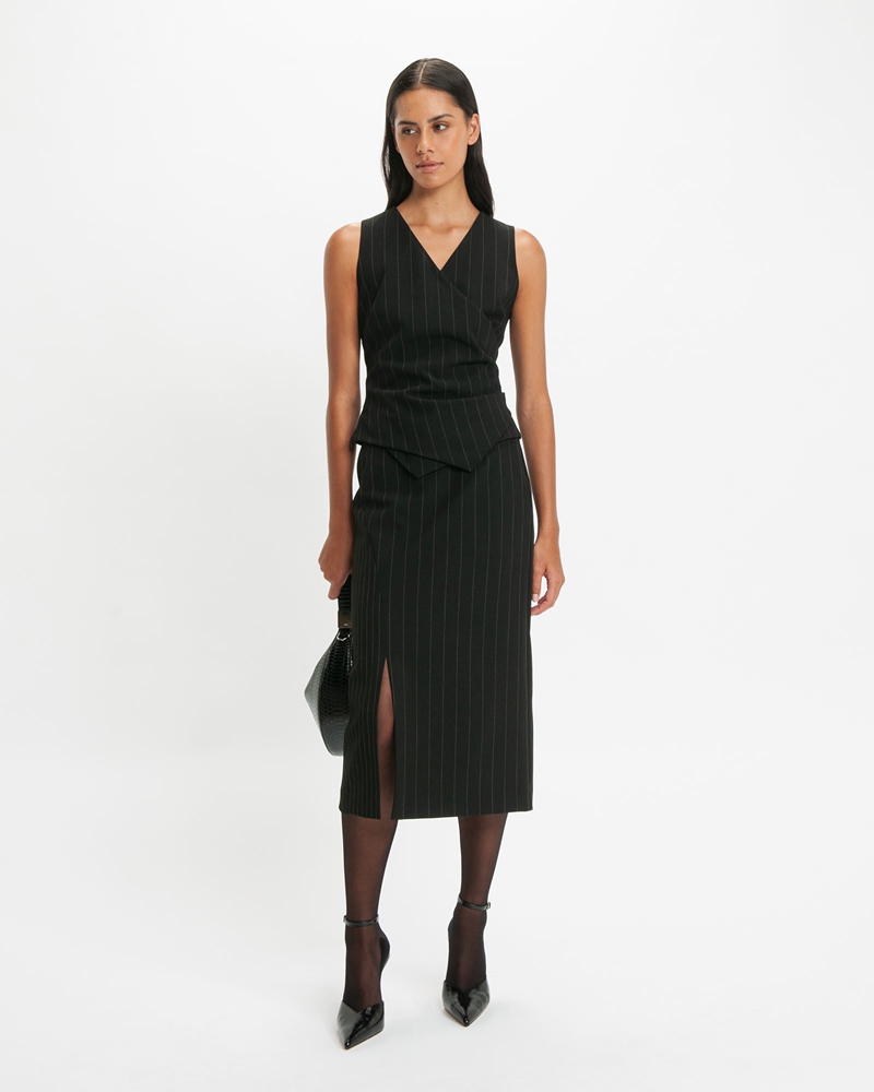 Skirts | Contrast Pinstripe Midi Skirt | 990 Black