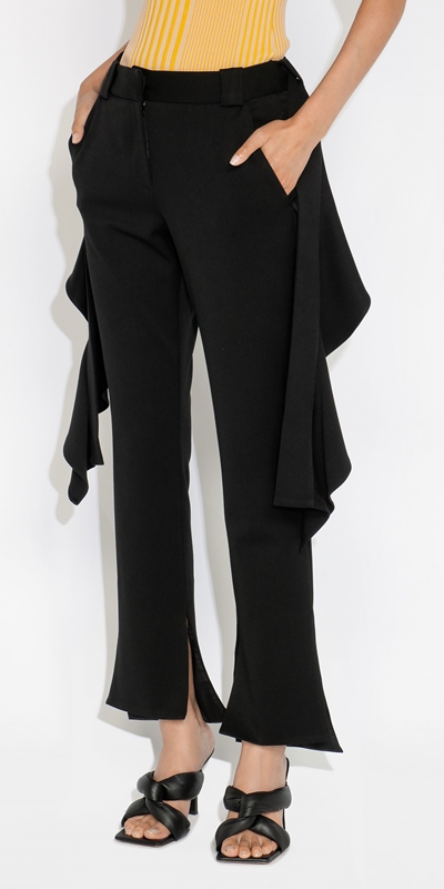 Pants  | Textured Poly Viscose Frill Pant | 990 Black