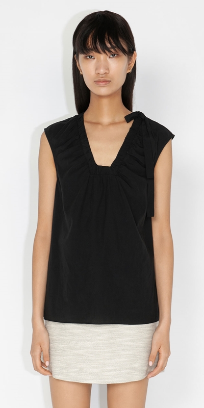Tops and Shirts  | Tencel Cotton Drawstring Neck Top | 990 Black