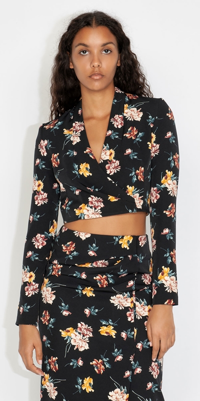 Made in Australia  | Floral Wrap Front Top | 990 Black