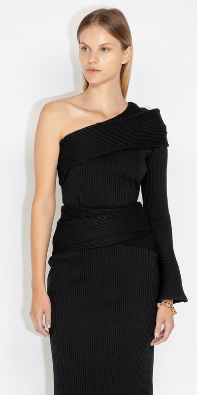 Cue Cares - Sustainable  | Cotton Rib One Shoulder Top | 990 Black