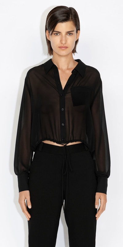 Cue Cares - Sustainable  | Cropped Drawstring Shirt | 990 Black