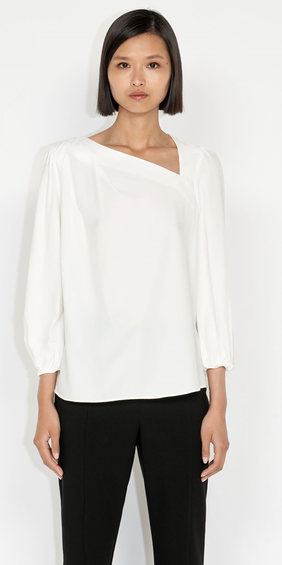 Tops and Shirts  | Asymmetric Shoulder Tuck Top | 100 White