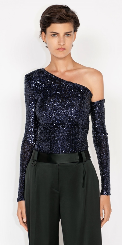 Tops and Shirts  | Sequin One Shoulder Top | 785 Midnight