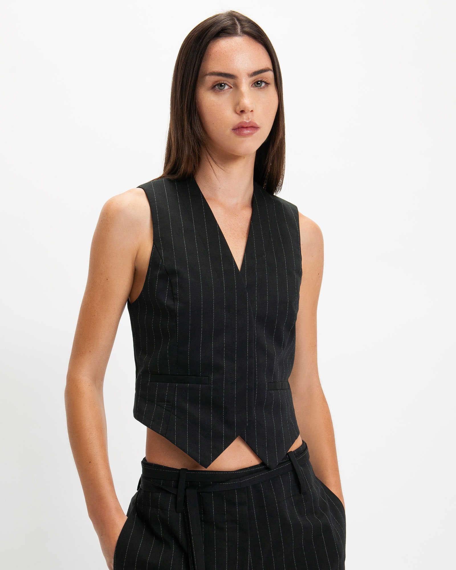 Tops and Shirts | Pinstripe Waistcoat | 990 Black