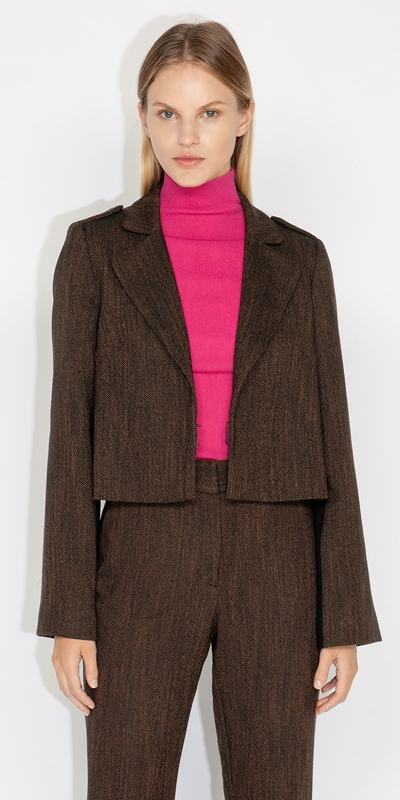 Jackets and Coats  | Herringbone Tweed Cropped Jacket | 863 Espresso