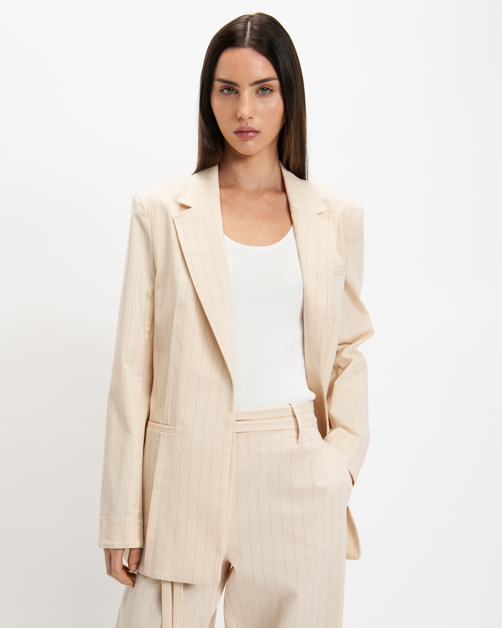 Jackets and Coats | Pinstripe Tie Detail Blazer | 115 Vanilla