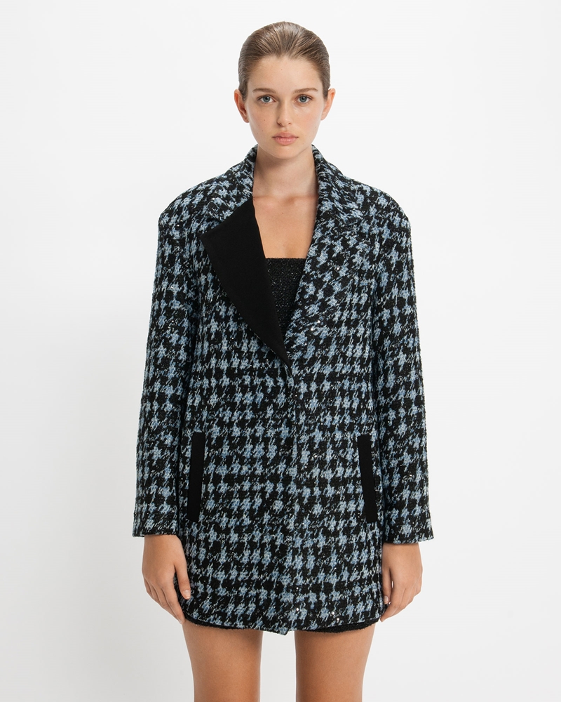 New Arrivals | Sequin Houndstooth Coat | 704 Dusty Blue