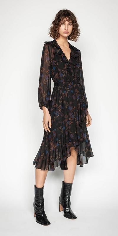 Dark Floral Frilled Midi Dress | Buy Dresses Online - Cue