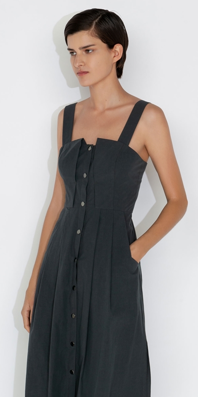 Dresses  | Cotton Snap Front Dress | 968 Charcoal