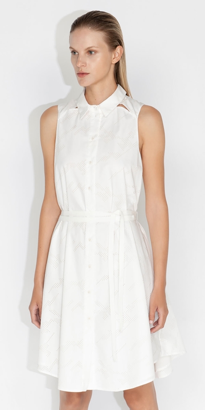 Dresses  | Laser Cut Cotton Shirt Dress | 110 Off White