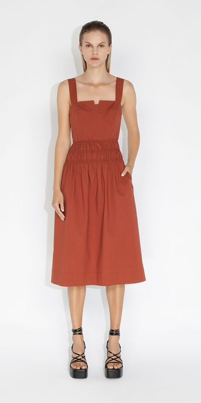 Sale | Cotton Shirred Waist Dress | 285 Rust