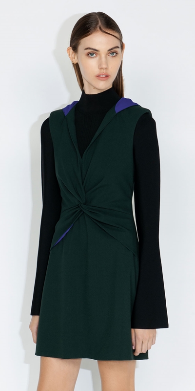 Cue Cares - Sustainable  | Hooded Twist Front Dress | 336 Bottle Green
