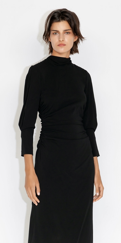 Made in Australia  | Sheer Stretch Ruched Waist Dress | 990 Black