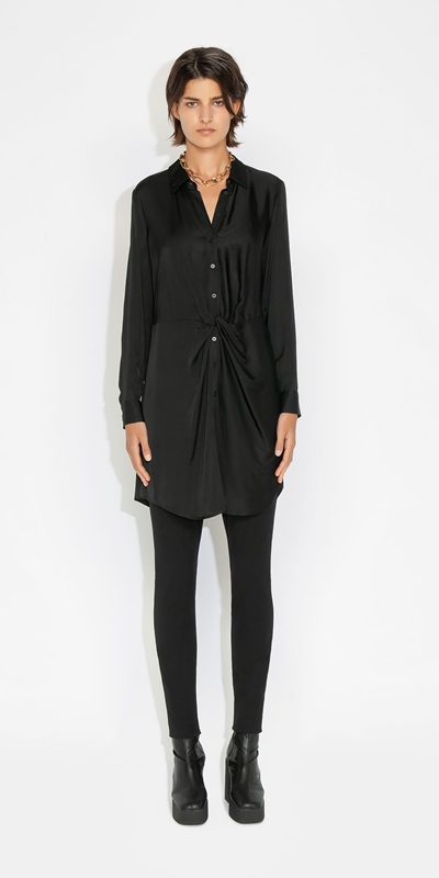 Sale | Satin Twist Front Shirt Dress | 990 Black