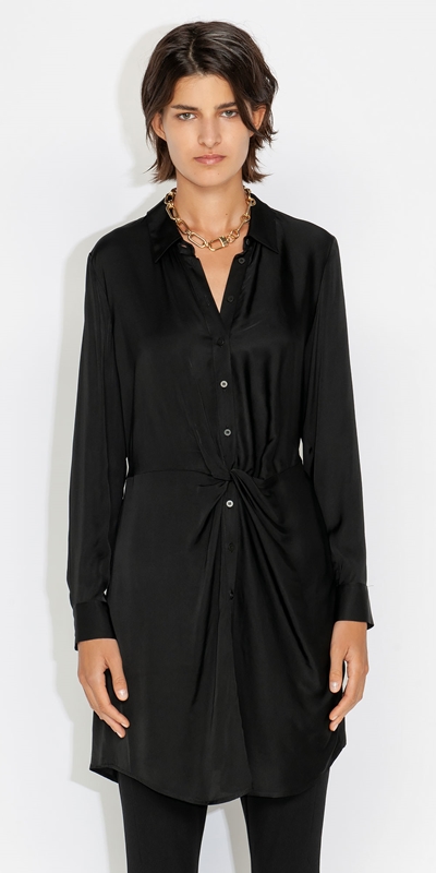 Sale  | Satin Twist Front Shirt Dress | 990 Black