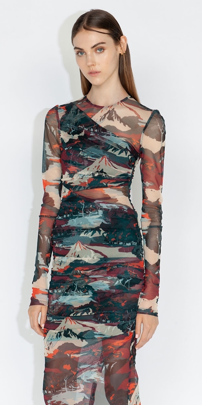 Dresses  | Abstract Landscape Mesh Dress | 790 Steel