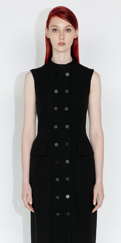 Cue Cares - Sustainable  | Button Front Column Dress | 990 Black