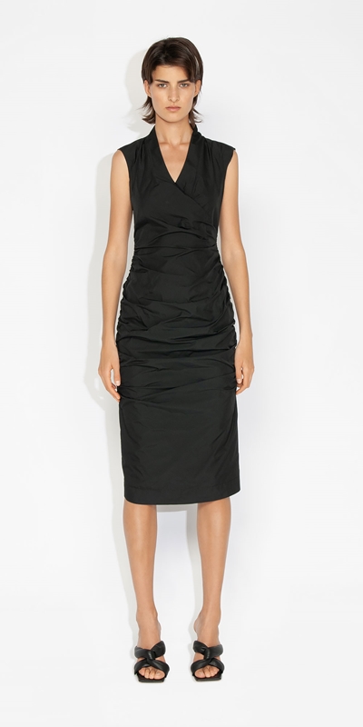 Cue Cares - Sustainable | Taffeta Ruched Wrap Dress | 990 Black
