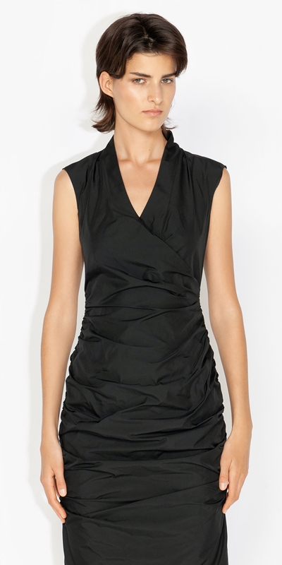 Cue Cares - Sustainable  | Taffeta Ruched Wrap Dress | 990 Black