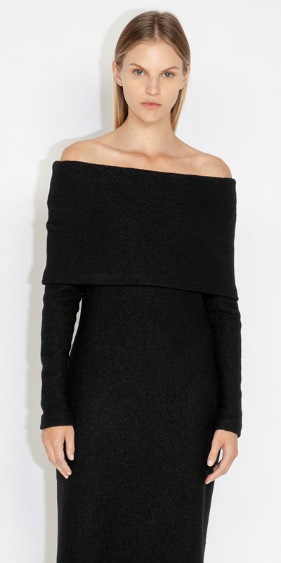 Dresses  | Wool Boucle Off Shoulder Dress | 990 Black
