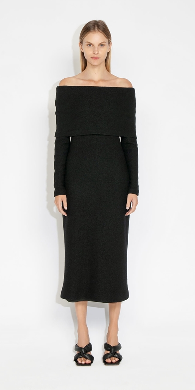 Sale | Wool Boucle Off Shoulder Dress | 990 Black