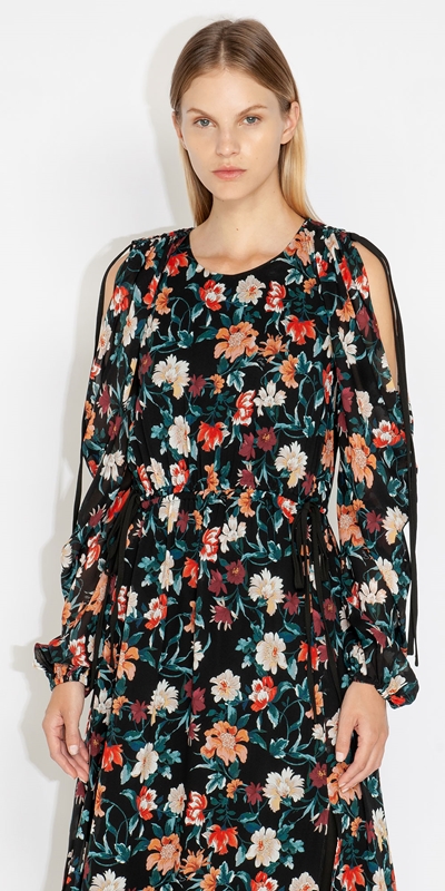 Cue Cares - Sustainable  | Peacock Floral Cowl Sleeve Dress | 742 Dark Teal