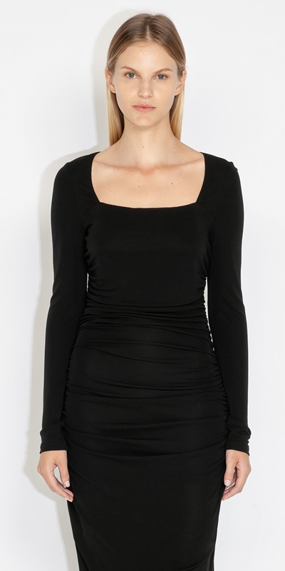 New Arrivals  | Jersey Ruched Square Neck Dress | 990 Black