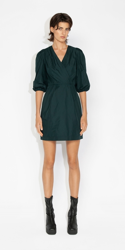 Cue Cares - Sustainable | Taffeta Puff Sleeve Dress | 332 Forest