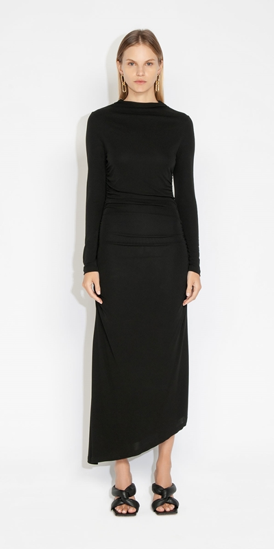 Made in Australia | Jersey Ruched Asymmetric Dress | 990 Black