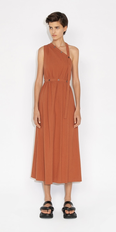Sale | Cotton Buttoned Asymmetric Dress | 285 Rust