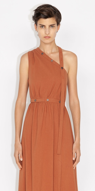 Sale  | Cotton Buttoned Asymmetric Dress | 285 Rust