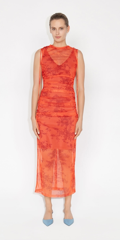 Sale | Floral Toile Mesh Ruched Dress | 282 Tangerine
