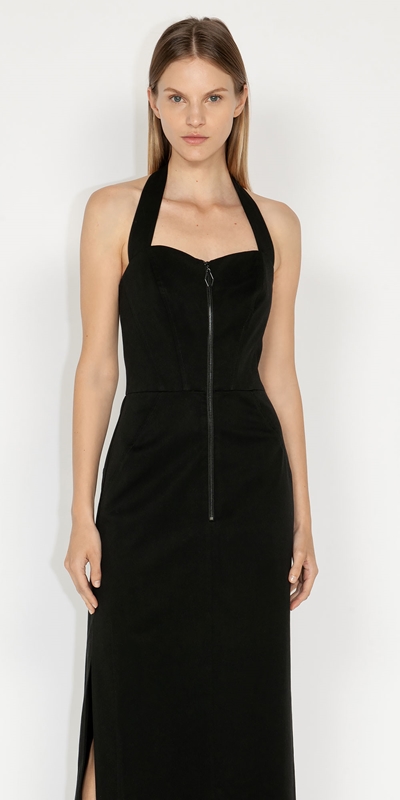 Made in Australia  | Topstitched Halter Neck Dress | 990 Black