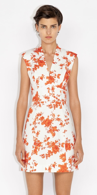 Sale  | Floral Toile Faille Corset Waist Dress | 531 Coral