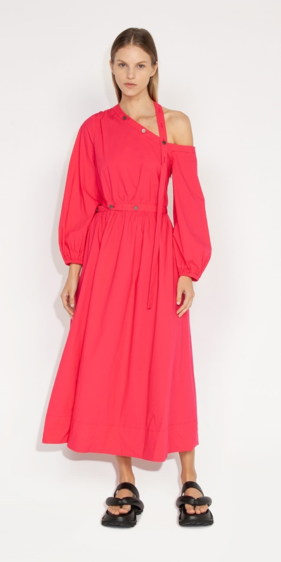 Sale | Cerise Cotton Asymmetric Dress | 553 Cerise