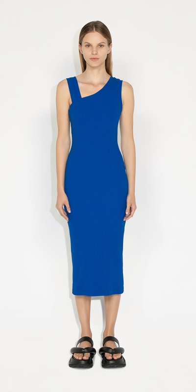 Sale | Asymmetric Cotton Rib Dress | 722 Sea Blue