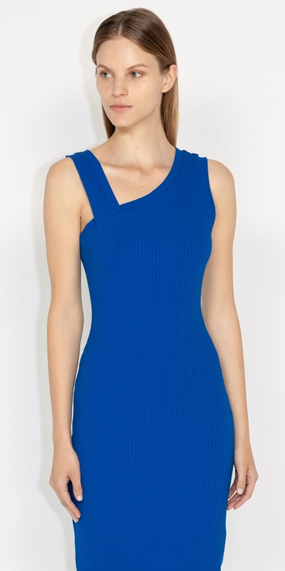 Cue Cares - Sustainable  | Asymmetric Cotton Rib Dress | 722 Sea Blue