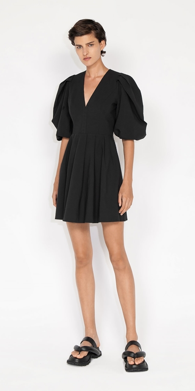 Made in Australia | Cotton Sculpted Sleeve Dress | 990 Black