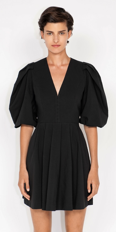Cue Cares - Sustainable  | Cotton Sculpted Sleeve Dress | 990 Black