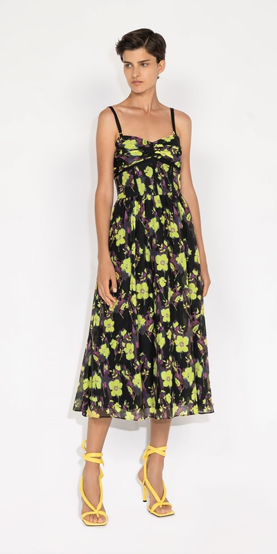 Made in Australia | Neon Rose Ruched Bodice Midi Dress | 197 Neon Lime