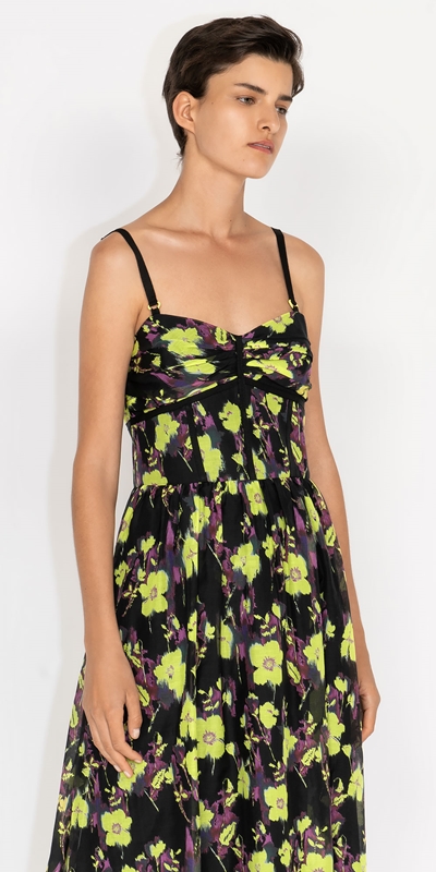 Made in Australia  | Neon Rose Ruched Bodice Midi Dress | 197 Neon Lime