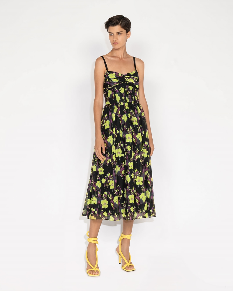 Dresses | Neon Rose Ruched Bodice Midi Dress | 197 Neon Lime
