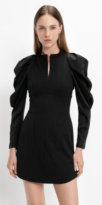 Cue Cares - Sustainable  | Sculpted Shoulder Twill Dress | 990 Black